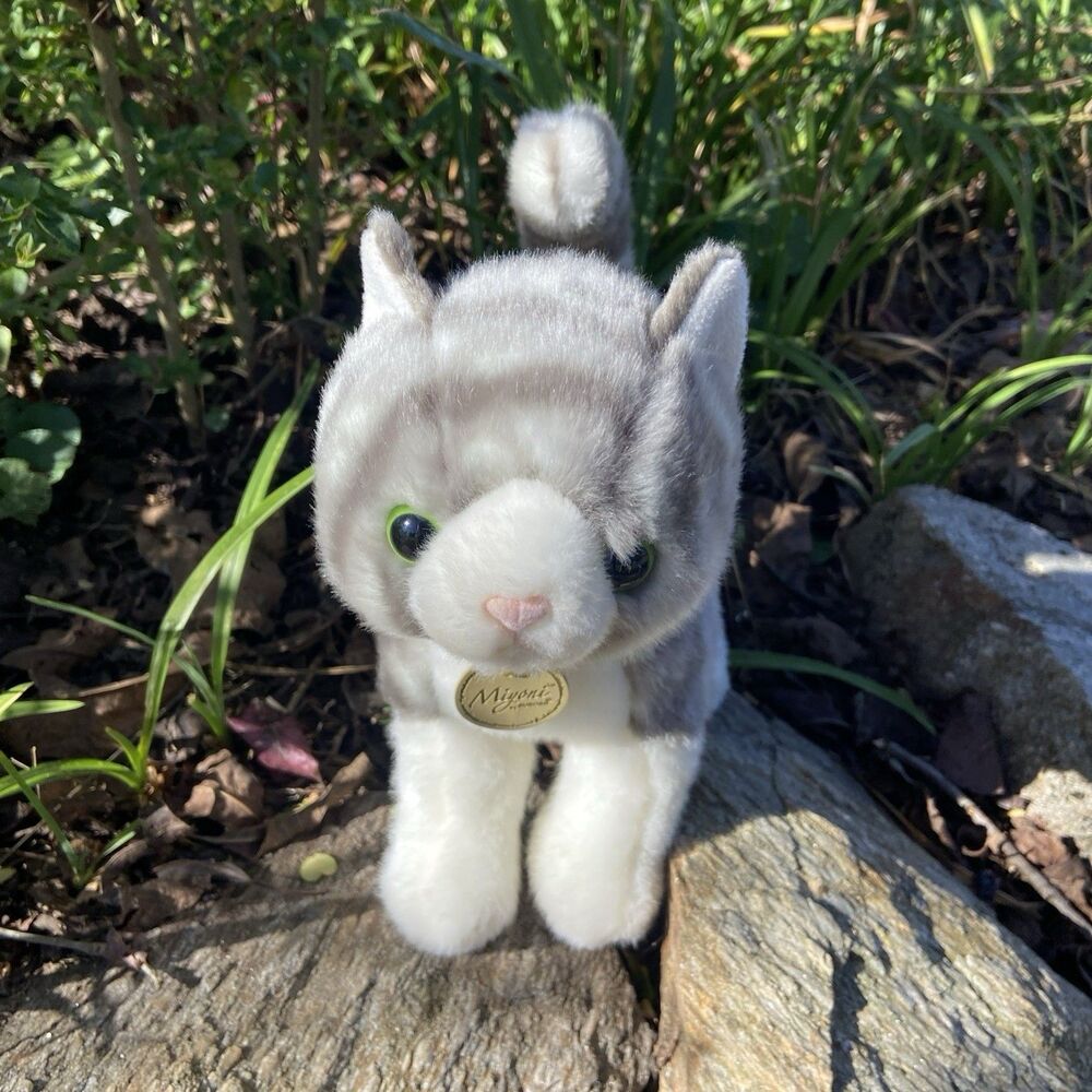 Aurora Miyoni  Grey Tabby Kitty Cat Striped Stuffed Plush Standing Green Eyes 9"